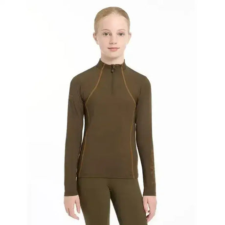 A sleek olive green lemieux young rider base layer alpine with long sleeves tan stitching and a high collar
