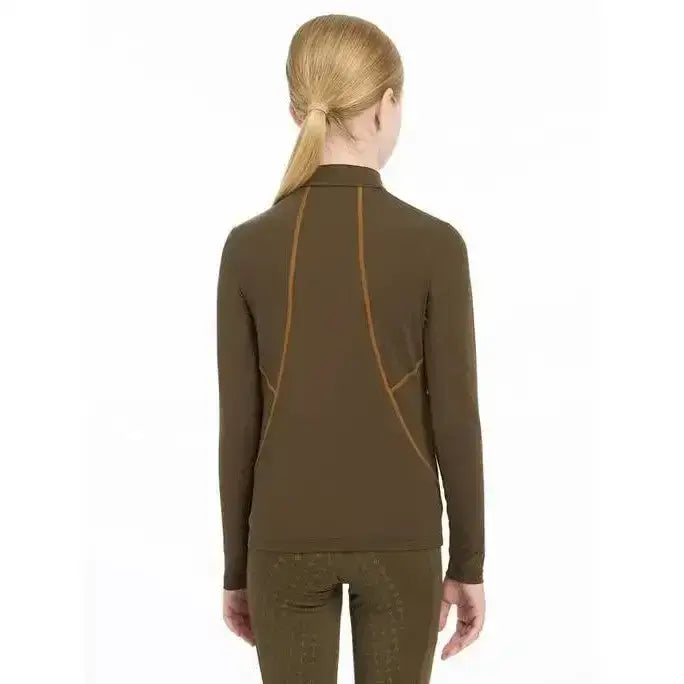 Olive green lemieux young rider base layer alpine performance top with tan seam detailing and long sleeves
