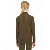 Olive green lemieux young rider base layer alpine performance top with tan seam detailing and long sleeves