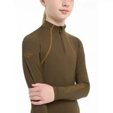 Olive green long-sleeved lemieux young rider base layer alpine top with gold stitching and logo detailing