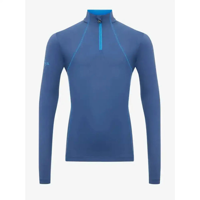 Blue long-sleeved lemieux young rider base layer with bright blue half-zip collar perfect for young rider’s running