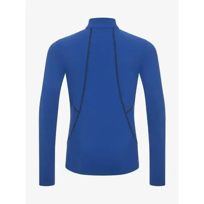 Back view of lemieux young rider blue long-sleeved rider base layer with flat-lock stitching to reduce chafing