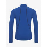 Back view of lemieux young rider blue long-sleeved rider base layer with flat-lock stitching to reduce chafing