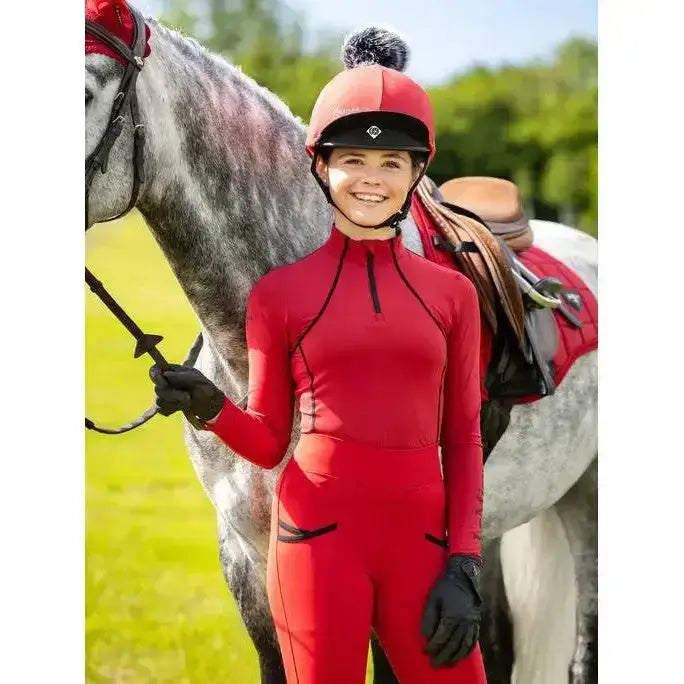 Red lemieux young rider base layer chilli with black trim and zipper detail for equestrian riding use