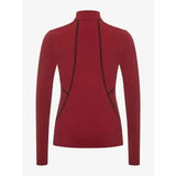 Back view of lemieux young rider base layer chilli in deep red with black seam details for riding comfort
