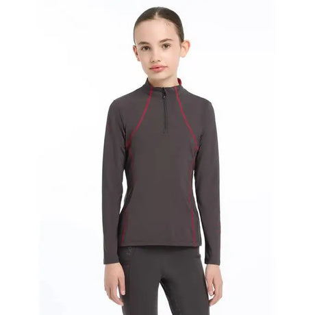 Gray Lemieux Young Rider Base Layer Cinder with red stitching and half-zip collar