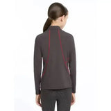 Dark gray lemieux young rider base layer cinder jacket with subtle red paneling shown from back side
