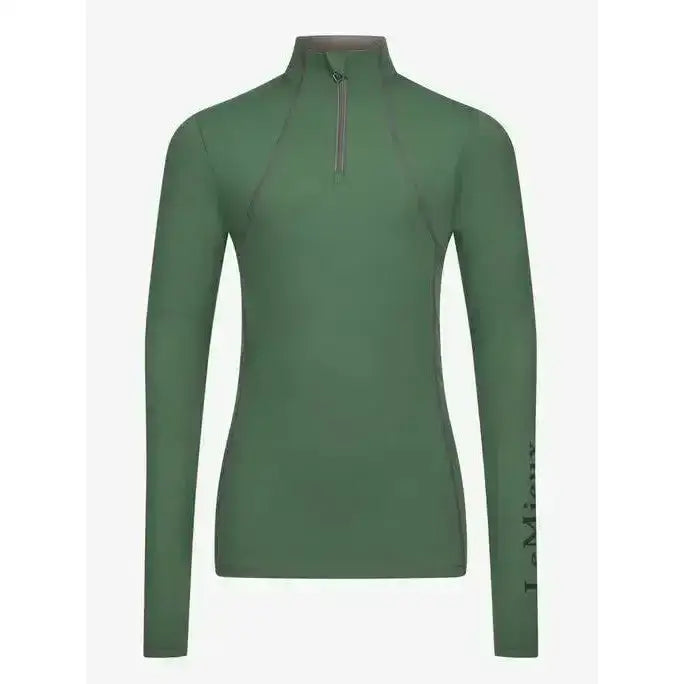 A sleek olive-green lemieux young rider base layer hunter green with long sleeves and half-zip collar