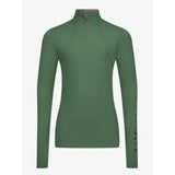 A sleek olive-green lemieux young rider base layer hunter green with long sleeves and half-zip collar