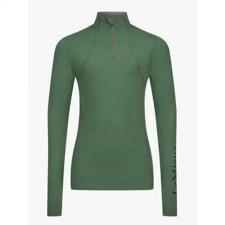 A sleek olive-green lemieux young rider base layer hunter green with long sleeves and half-zip collar