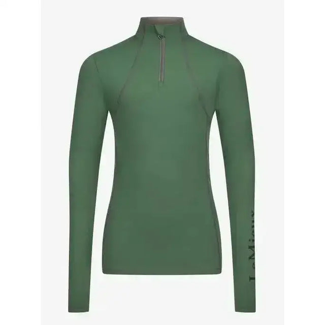 A sleek olive-green lemieux young rider base layer hunter green with long sleeves and half-zip collar
