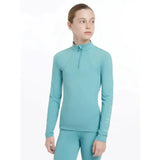 A teal lemieux young rider base layer lagoon with long sleeves high collar and quarter zip front for active wear