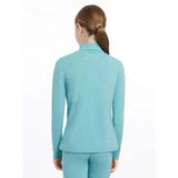 Teal long-sleeved fitted lemieux young rider base layer lagoon with high collar and subtle seam details