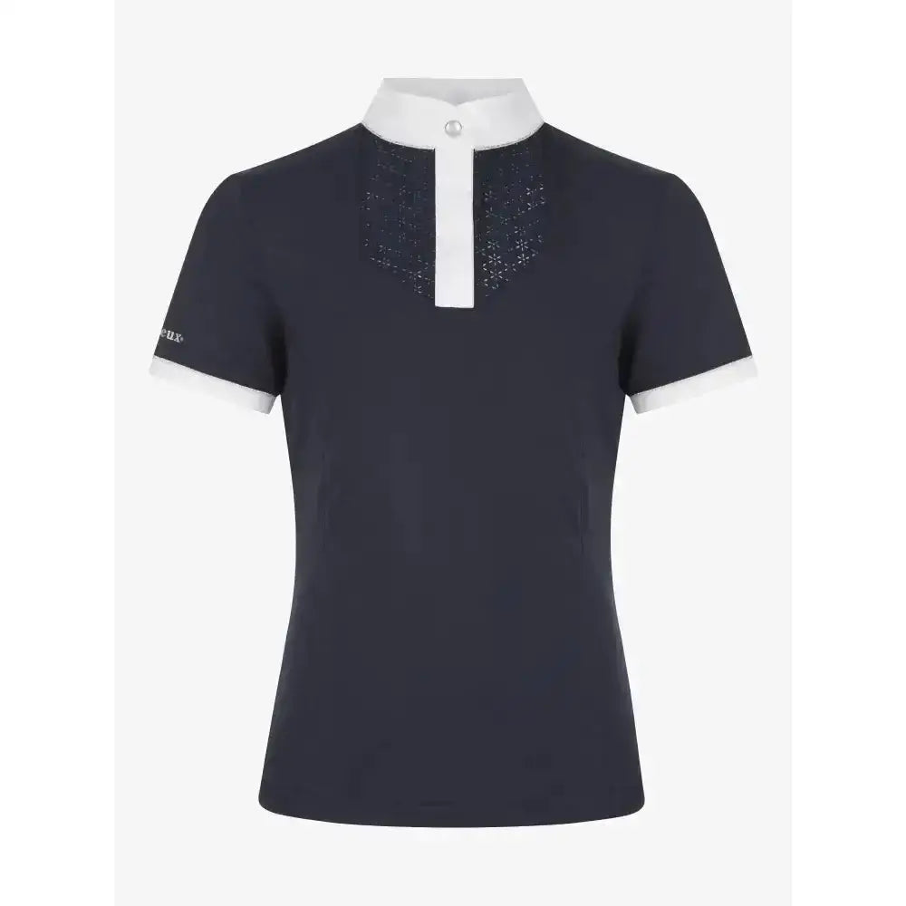 Navy blue lemieux young rider belle polo shirt with white collar cuffs and a subtle glittery placket detail