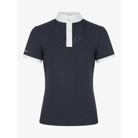 Navy blue lemieux young rider belle polo shirt with white collar cuffs and a subtle glittery placket detail
