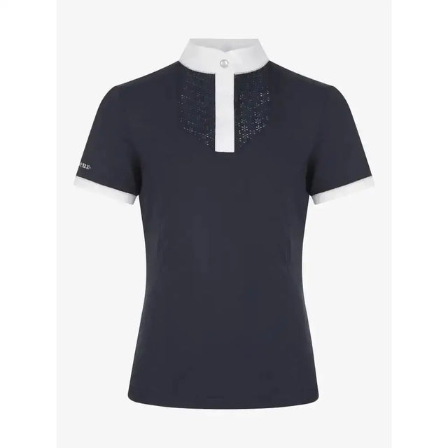 Navy blue lemieux young rider belle polo shirt with white collar cuffs and a subtle glittery placket detail
