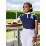 Navy blue short-sleeved lemieux young rider belle show shirt with white collar and sleeve trim in luxurious super soft fabric