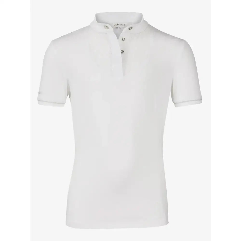 White short-sleeved lemieux young rider polo with stand-up collar silver buttons and luxurious super soft material
