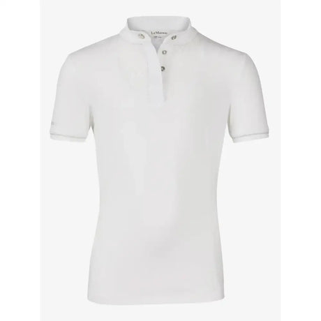 White short-sleeved lemieux young rider polo with stand-up collar silver buttons and luxurious super soft material