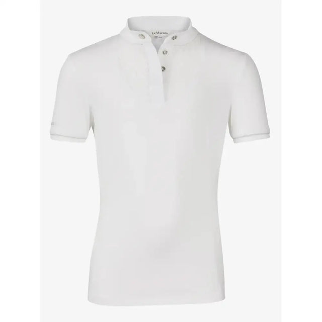 White short-sleeved lemieux young rider polo with stand-up collar silver buttons and luxurious super soft material