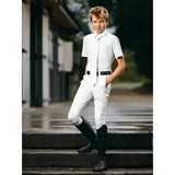 White short-sleeved lemieux young rider shirt with black belt and boys breech white riding pants outfit