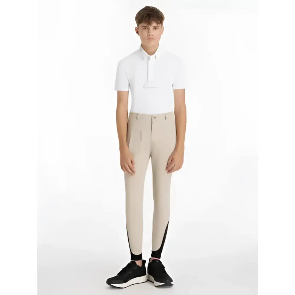 Beige lemieux young rider boys classique breeches with black side panels and elastic cuffs for riding comfort
