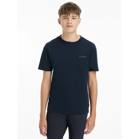 Navy blue lemieux young rider boys t-shirt with subtle white embroidered text on left chest in crew neck style