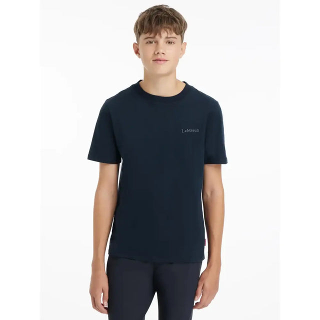 Navy blue lemieux young rider boys t-shirt with subtle white embroidered text on left chest in crew neck style