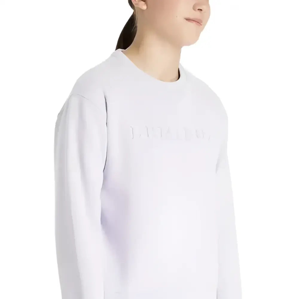 White long-sleeved lemieux young rider carmen crew sweat with subtle embossed lettering in sweat lilac color