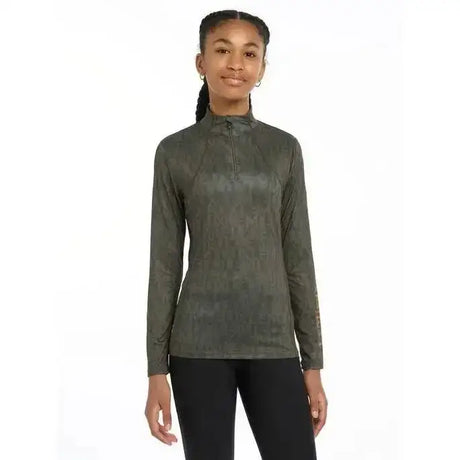 Olive green lemieux young rider casey base layer alpine with long sleeves, subtle texture, and half-zip collar