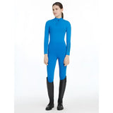 Bright blue lemieux young rider form fitting base layer with high collar and subtle stitching in benetton layer blue