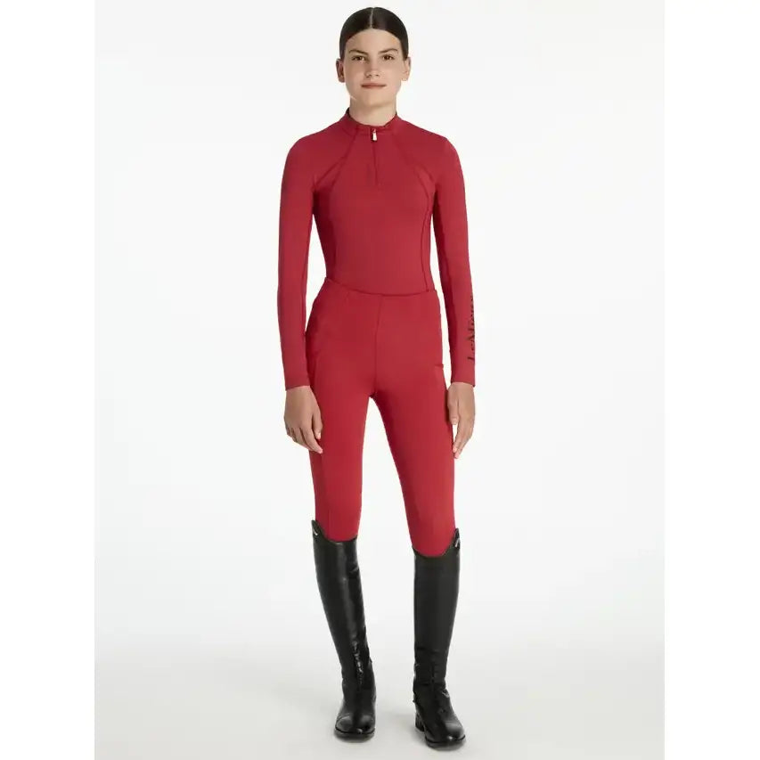 Red long-sleeved stretchy lemieux young rider classic rider chilli base layer with high collar and zipper