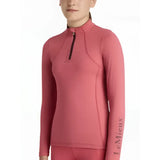 Pink long-sleeved lemieux young rider classique performance top with black zipper and cranberry layer branding