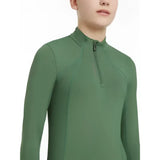 A sleek olive green lemieux young rider classique base layer with long sleeves high collar and zipper closure