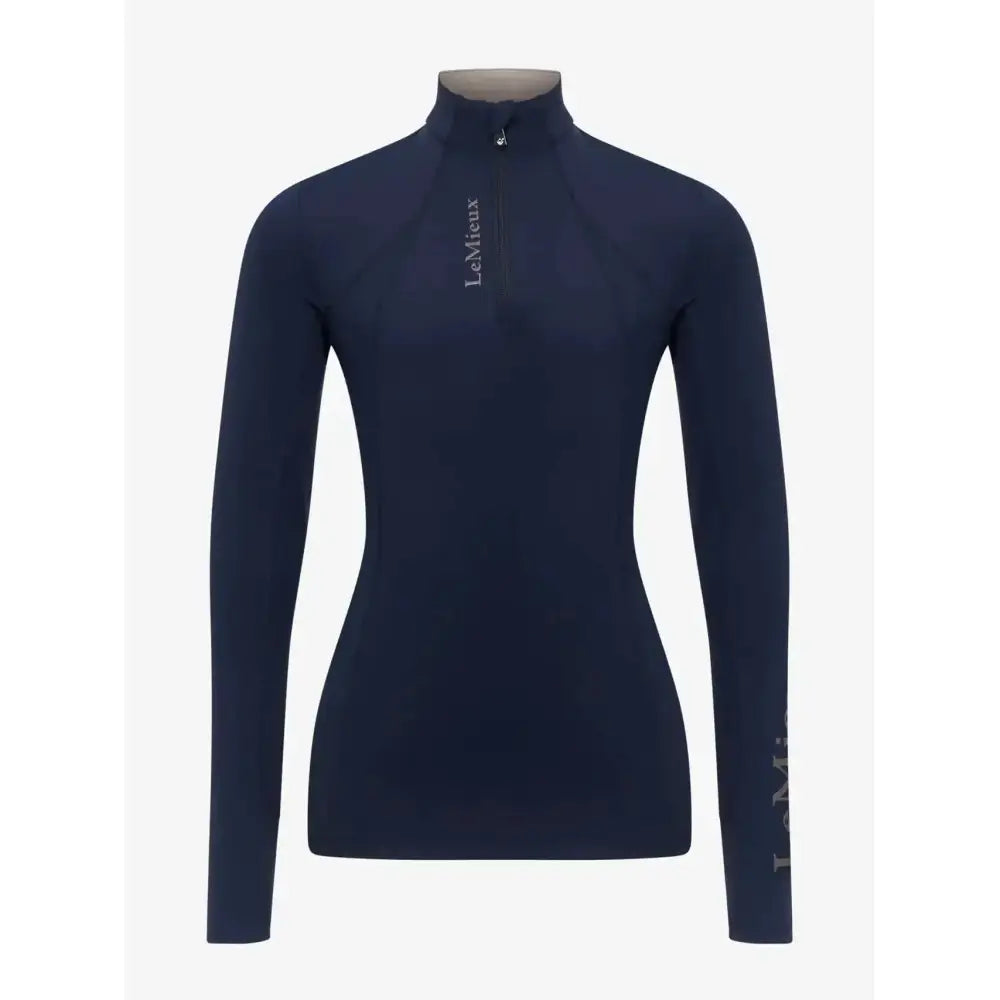Navy long-sleeved high-neck athletic top with subtle white branding lemieux young rider classic base layer