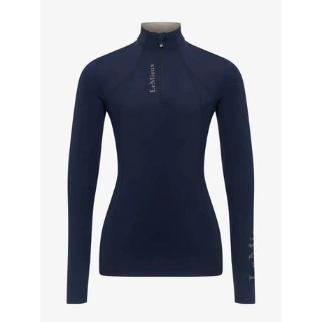 Navy long-sleeved high-neck athletic top with subtle white branding lemieux young rider classic base layer