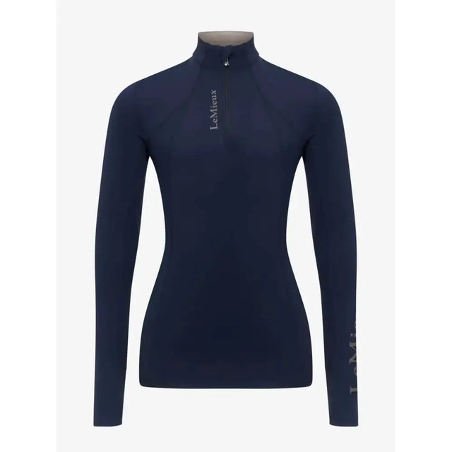 Navy long-sleeved high-neck athletic top with subtle white branding lemieux young rider classic base layer