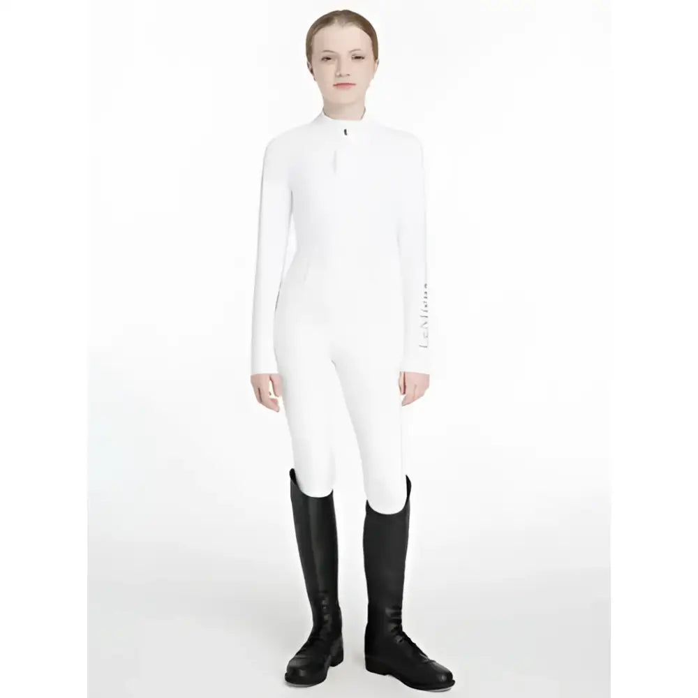 White long sleeved lemieux young rider classique base layer with high collar and zipper for riding comfort