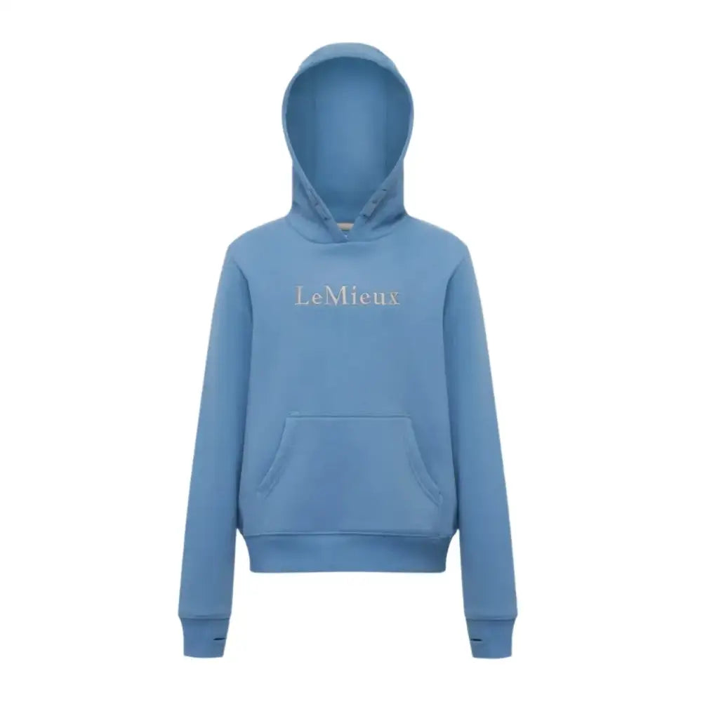 A soft ice blue lemieux young rider classique hoodie with a subtle embroidered logo across the chest