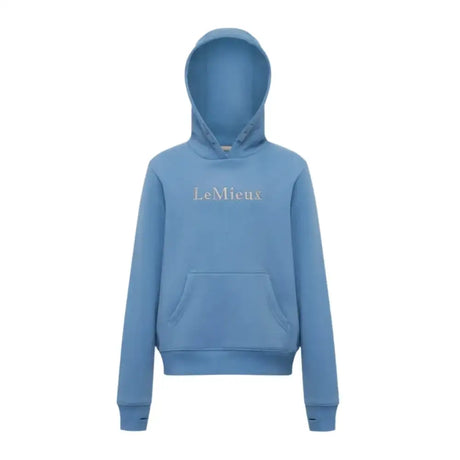 A soft ice blue lemieux young rider classique hoodie with a subtle embroidered logo across the chest