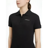 Black short-sleeved lemieux young rider classique polo shirt with subtle embroidered logo on the left chest
