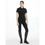 Black short-sleeved lemieux young rider classique polo shirt with subtle embroidered logo on left chest