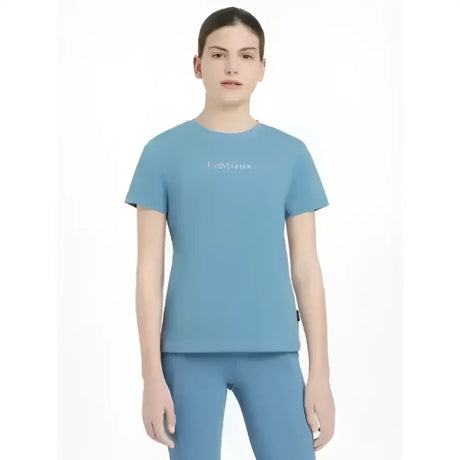 Soft blue lemieux young rider classique t-shirt with short sleeves and subtle white les mieux logo across the chest