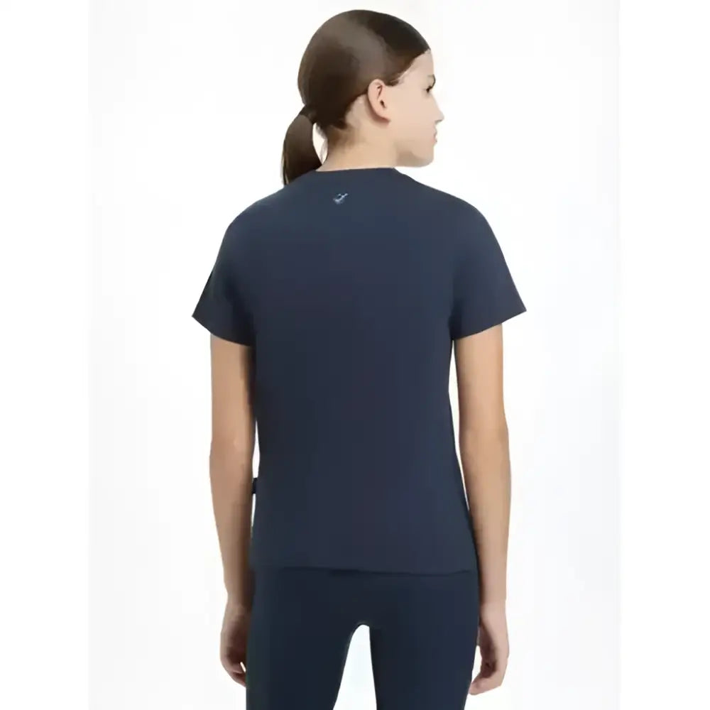Navy blue lemieux young rider classique short-sleeved t-shirt with small logo on the back neckline showing back side