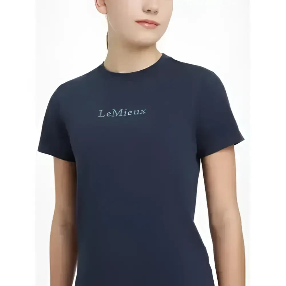 Navy blue lemieux young rider classique t-shirt with short sleeves and white embroidery across the chest