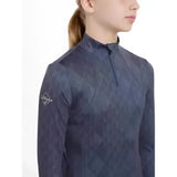 Dark blue lemieux young rider clea base layer with subtle geometric pattern and equimax logo on left sleeve in dusk blue