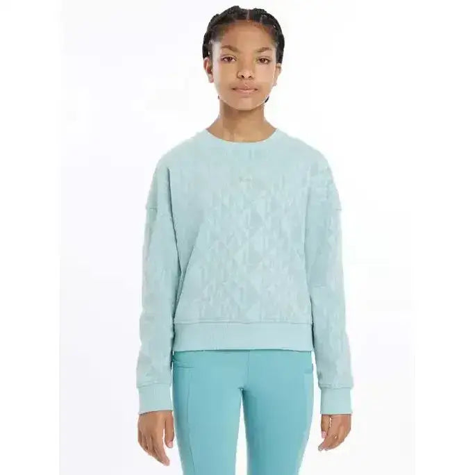 Light blue textured knit lemieux young rider clea crew sweat with subtle shimmering pattern perfect for young rider style