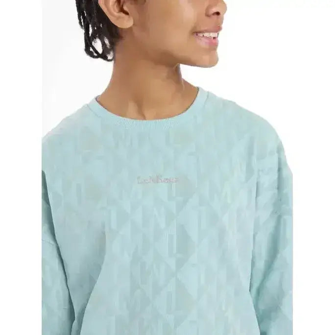 Light blue textured knit lemieux young rider clea crew sweat with subtle geometric pattern and embroidered logo across chest