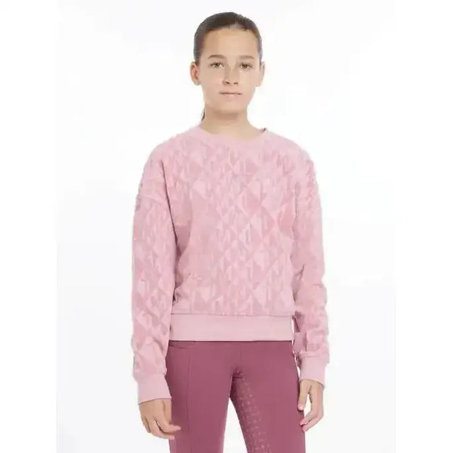 Pink textured knit lemieux young rider clea crew sweat sweater with subtle geometric pattern for young rider use
