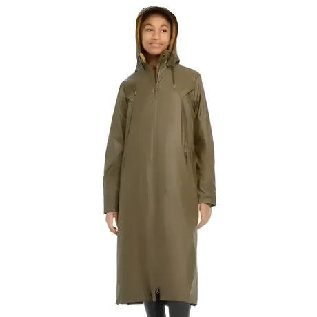 Olive green lemieux young rider waterproof coat alpine brave with hood and front zipper for wet weather riding